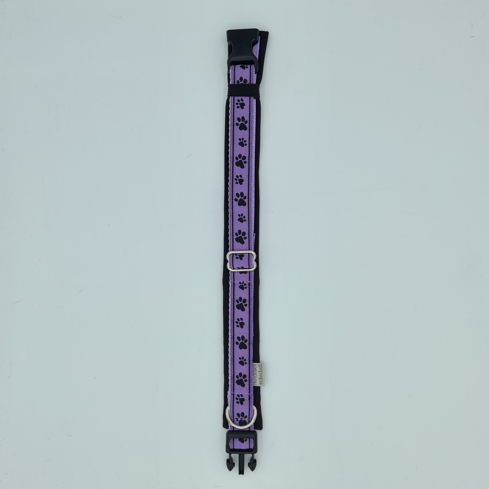 Halsband schwarz-lila mit Pfötchen, verstellbar & gepolstert